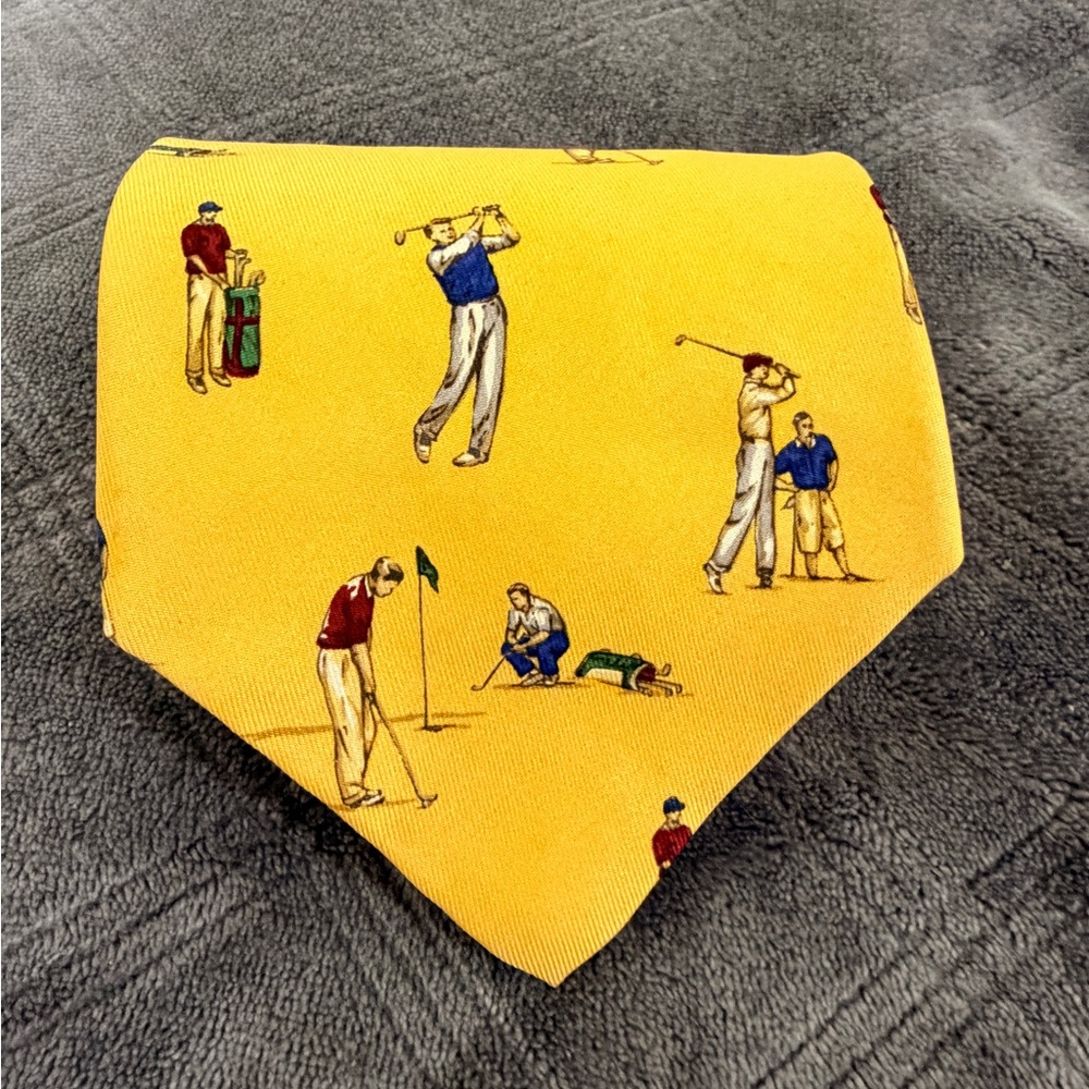 Vintage Polo Ralph Lauren Yellow Gold Golf Themed Men's 100 % Silk Tie Made USA